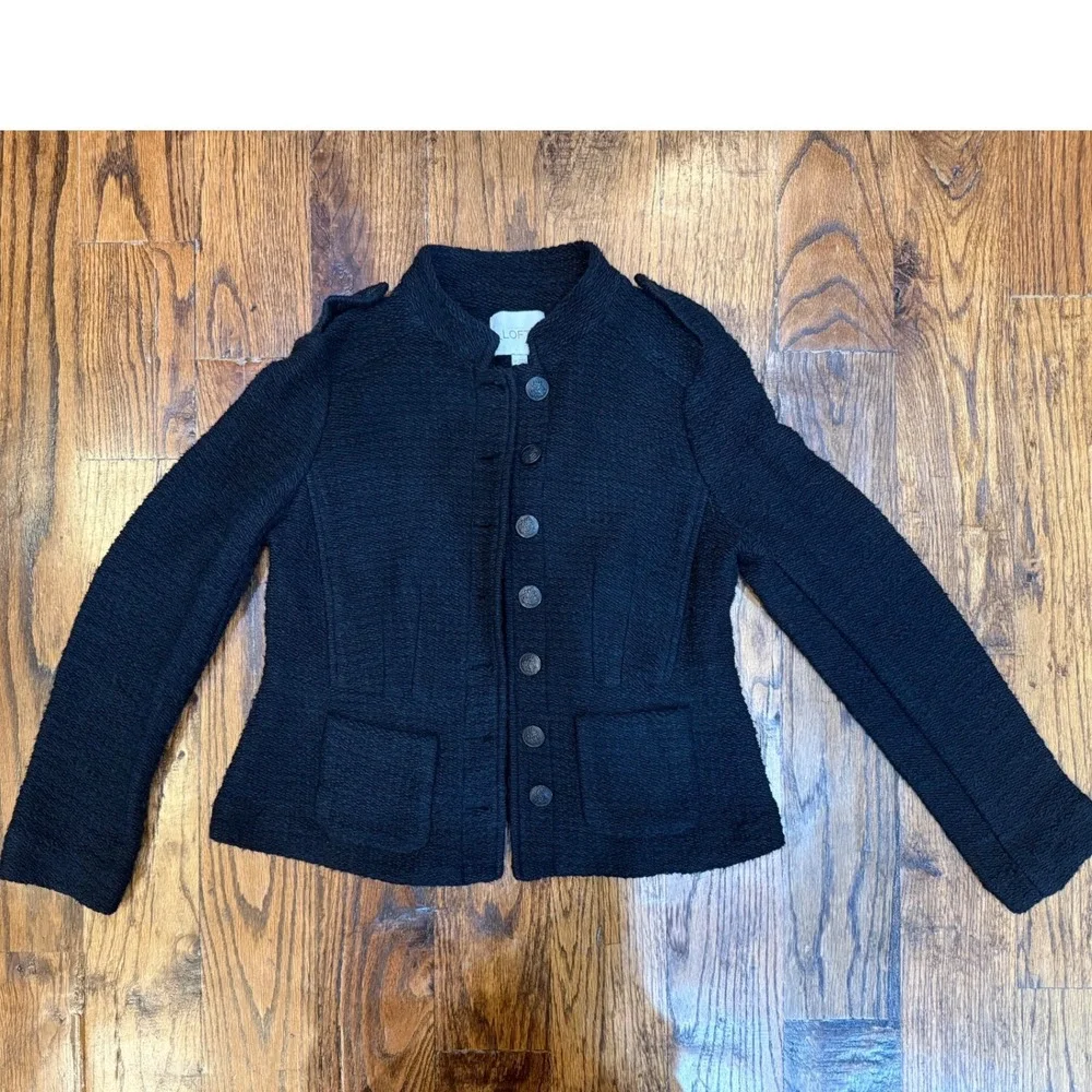 Ann Taylor LOFT Black Boucle Military Blazer Jacket Petite 4P Crest Button Coat